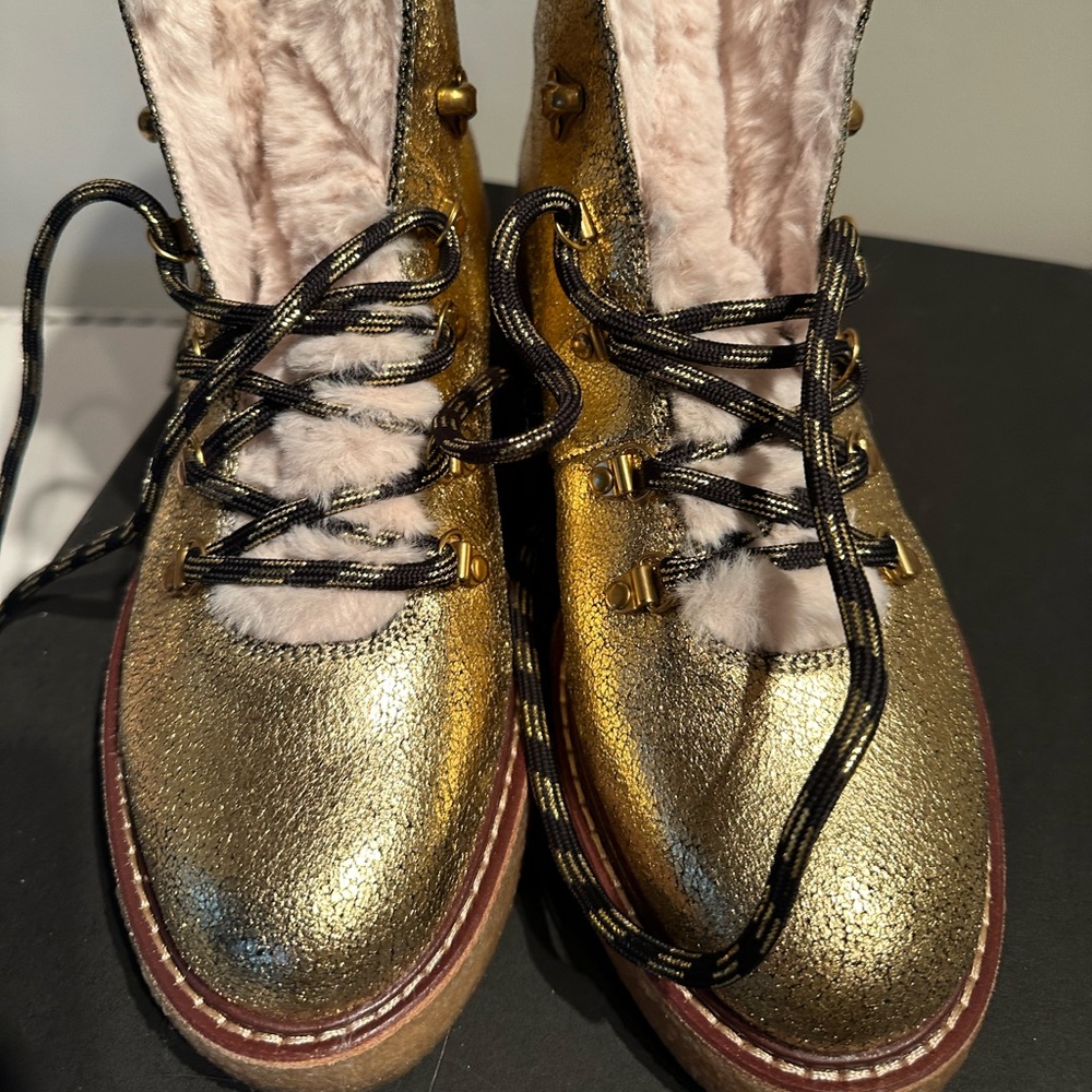 J.Crew wedged sole in Dark Gold, faux fur, lace up style AE998